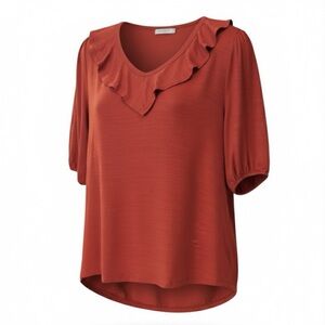 Beacon Apparel Red Puff Sleeve Ruffle Neck Top Large